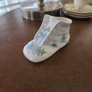 Vintage Porcelain Baby Bootie With Handpainted Flowers And Butterfly
